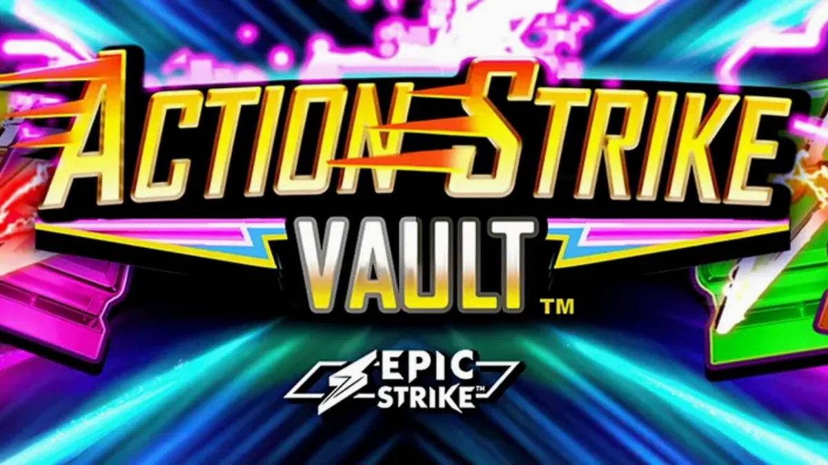 Interface do slot Action Strike Vault com elementos neon e espaciais