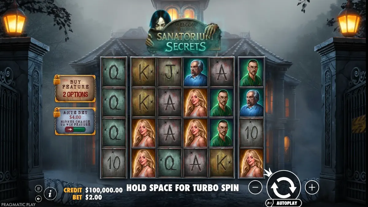 Cenário sombrio e misterioso do slot Sanatorium Secrets com elementos de terror