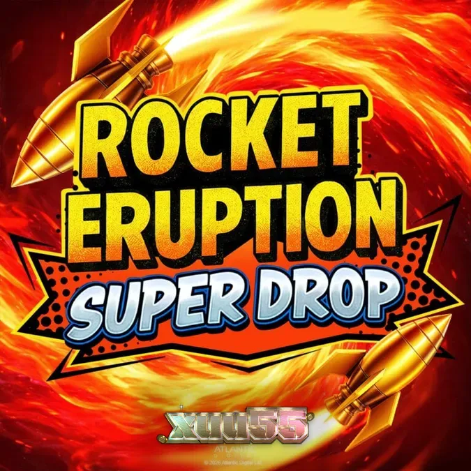 Interface do jogo Rocket Eruption Super Drop com temática vulcânica